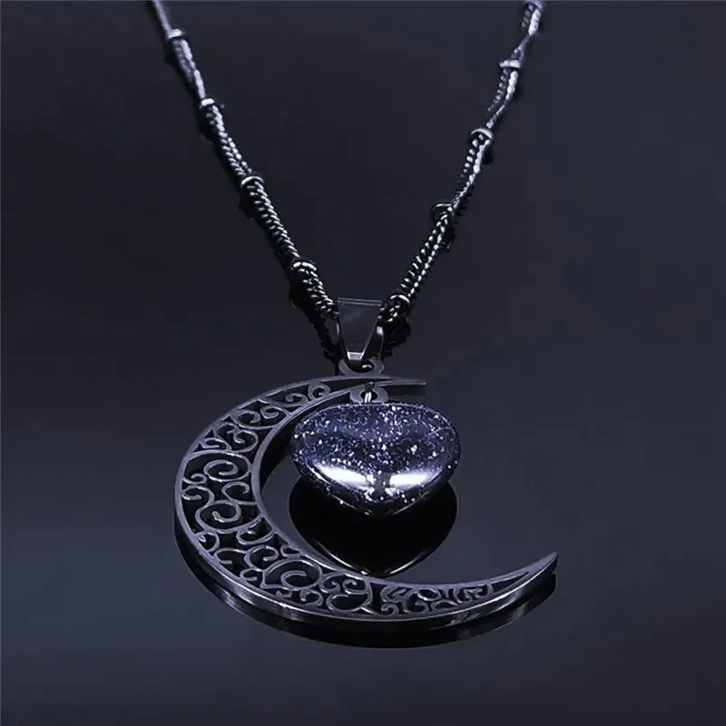 Gothic Crescent Moon Pendant Necklace with Natural Stone Heart