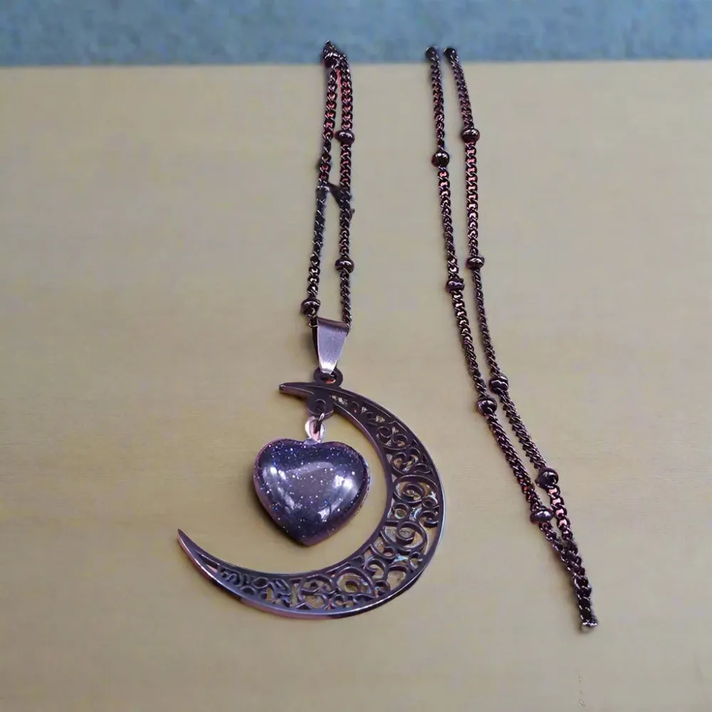 Gothic Crescent Moon Pendant Necklace with Natural Stone Heart