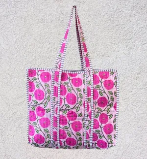 Handmade Boho Cotton Pink Bloom Quilted Bags Beach Tote Bag