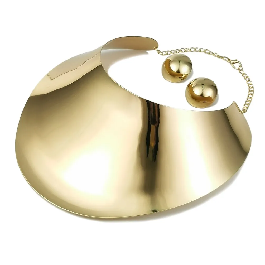 KDLUN Indian Jewelry Sets Gold Color Metal Exaggerated Torque Big Bib Collar Choker Necklace Earrings Bracelet Set African Women