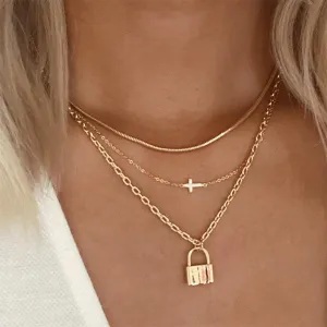 Layered Lock & Cross Necklace
