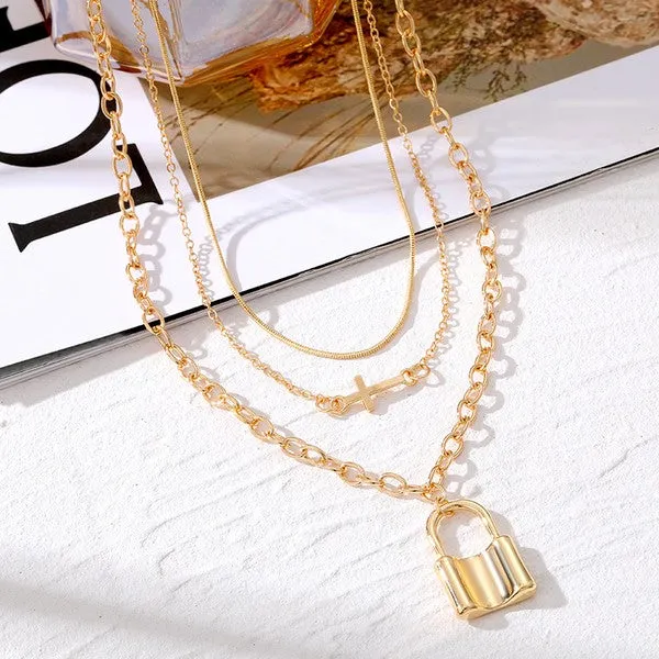 Layered Lock & Cross Necklace