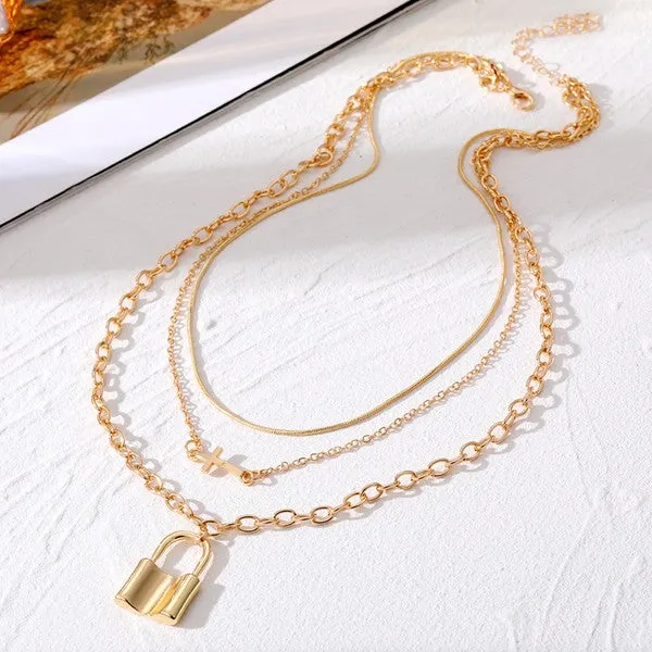 Layered Lock & Cross Necklace