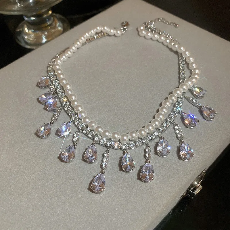 Luxury Pearl Choker Necklaces Tassel Water Drop Zircon Crystal Necklaces Banquet Jewelry