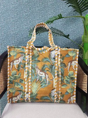 Mustard Jute Handblock Printed Tote Bag Without Zip