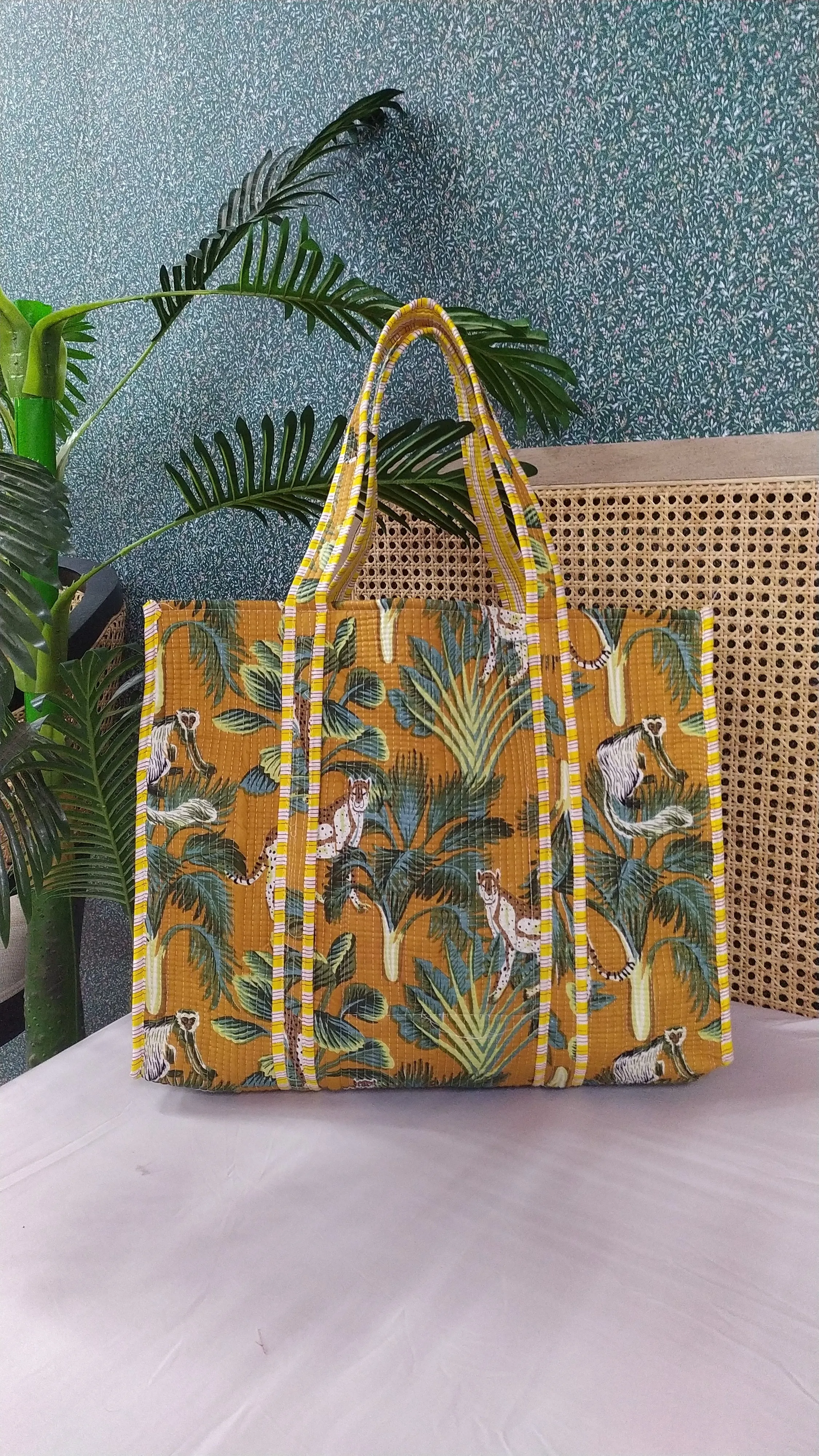 Mustard Jute Handblock Printed Tote Bag Without Zip