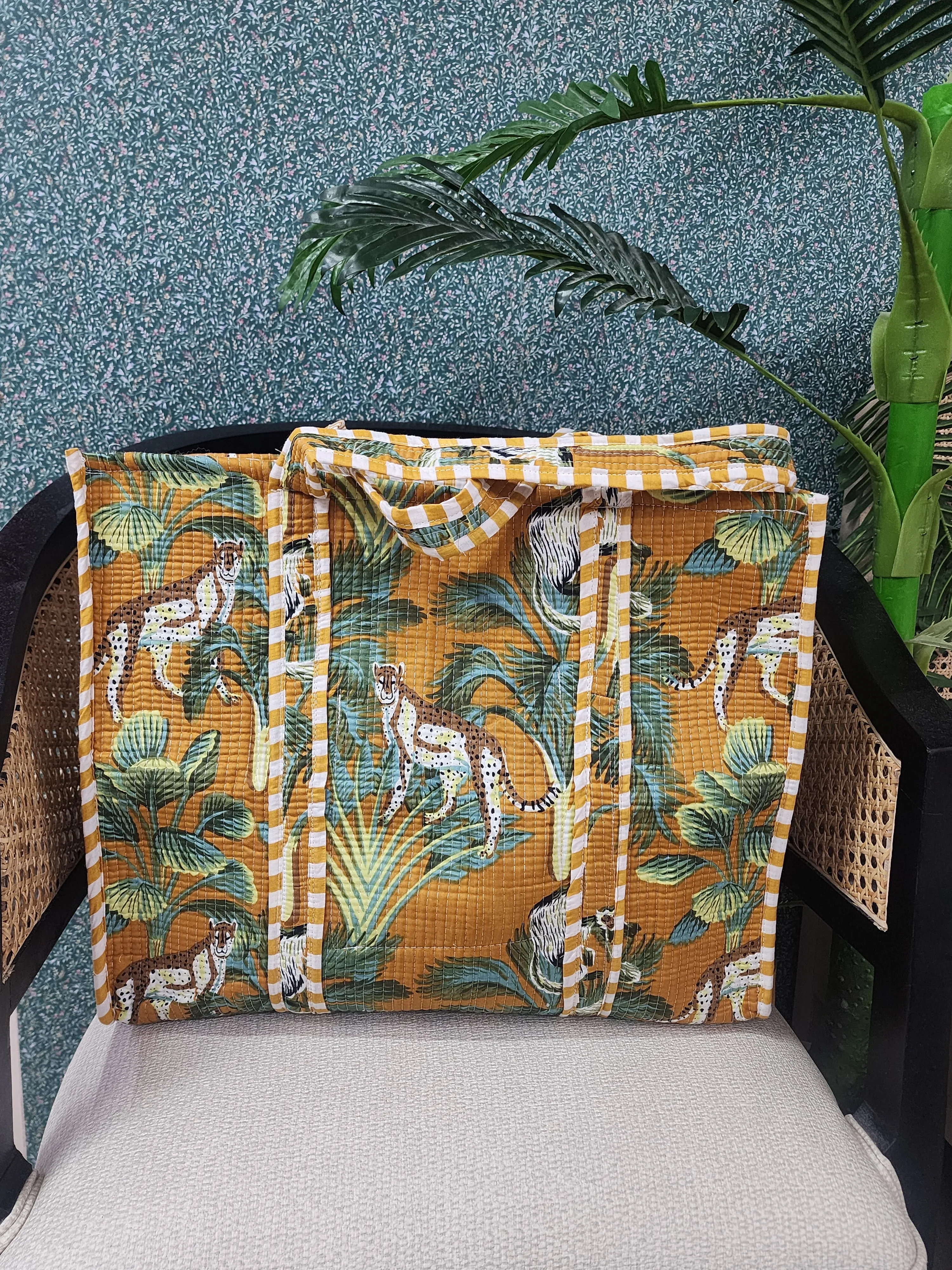 Mustard Jute Handblock Printed Tote Bag Without Zip