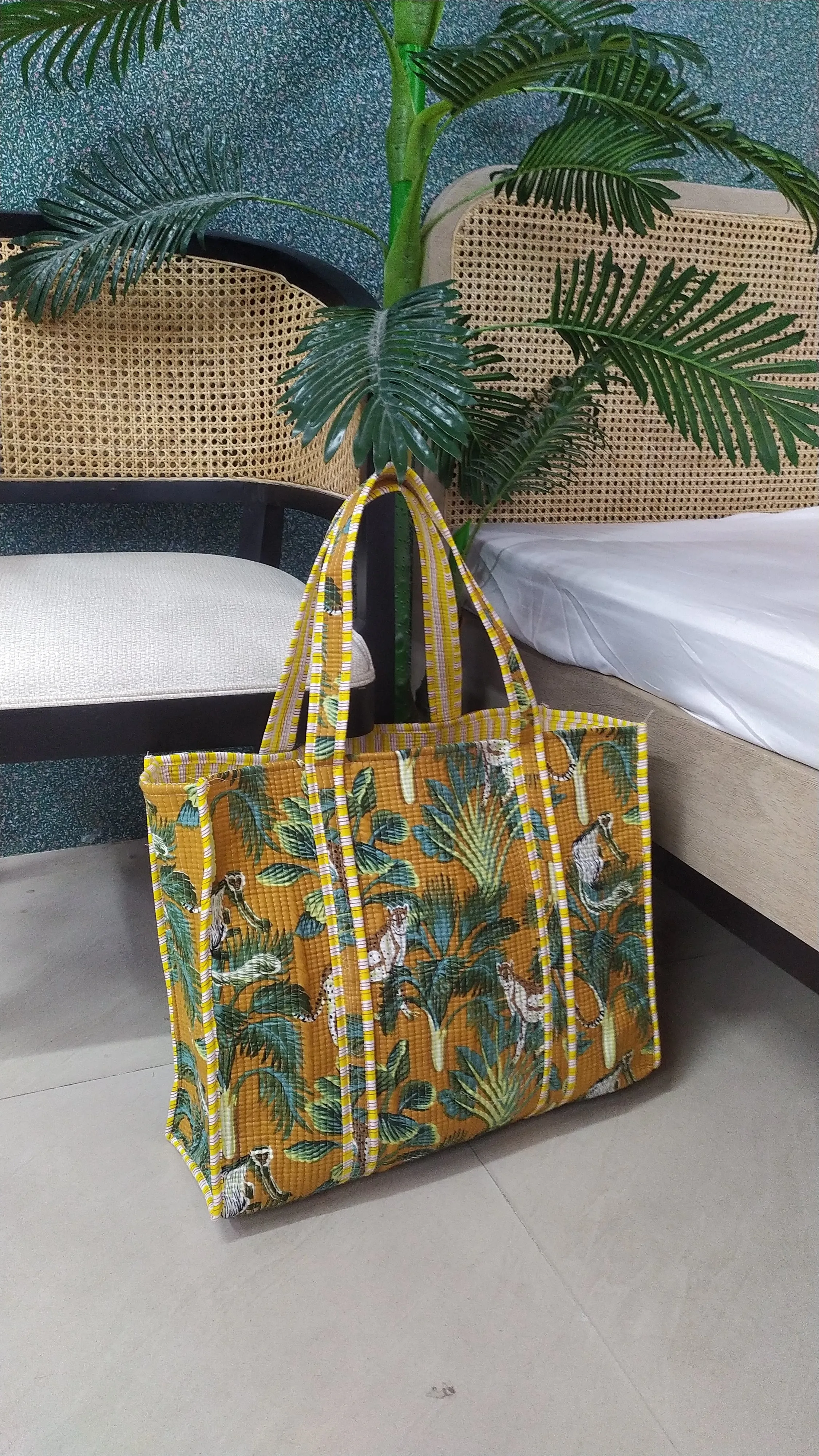 Mustard Jute Handblock Printed Tote Bag Without Zip