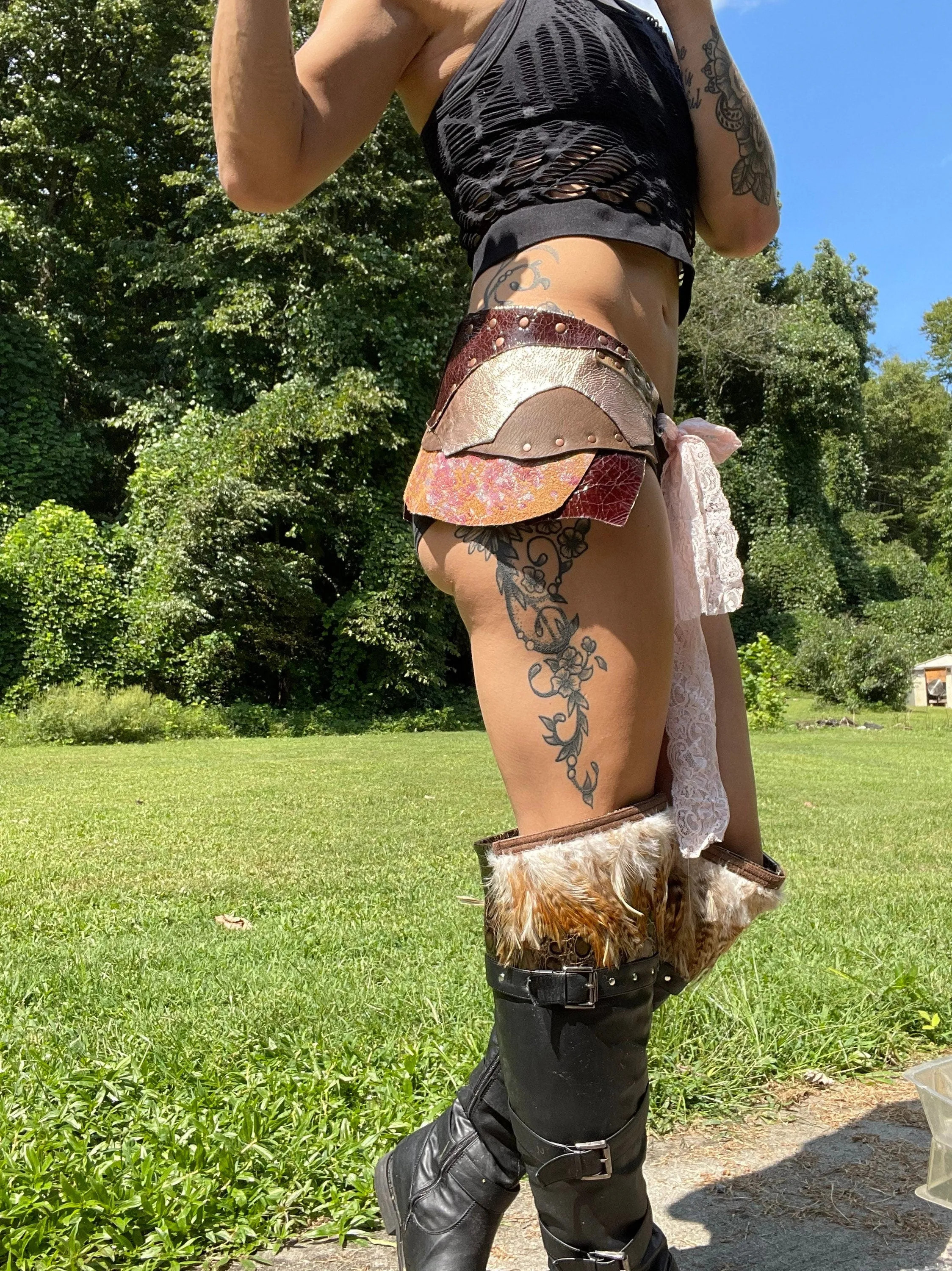OSTARA, Peach Goddess Skirt, Leather Utility Belt, Burning Man Skirt, Steampunk costume, Rave Costume, Viking Belt
