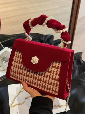 Pearl Handle Houndstooth Square Bag