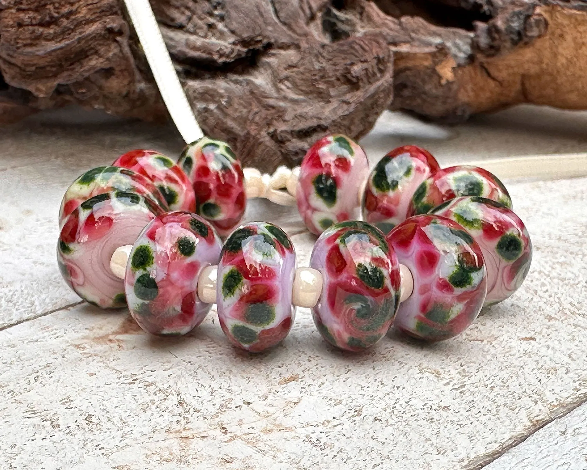 Pink Green Mosaic Lampwork Beads Set SRA
