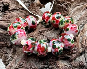 Pink Green Mosaic Lampwork Beads Set SRA