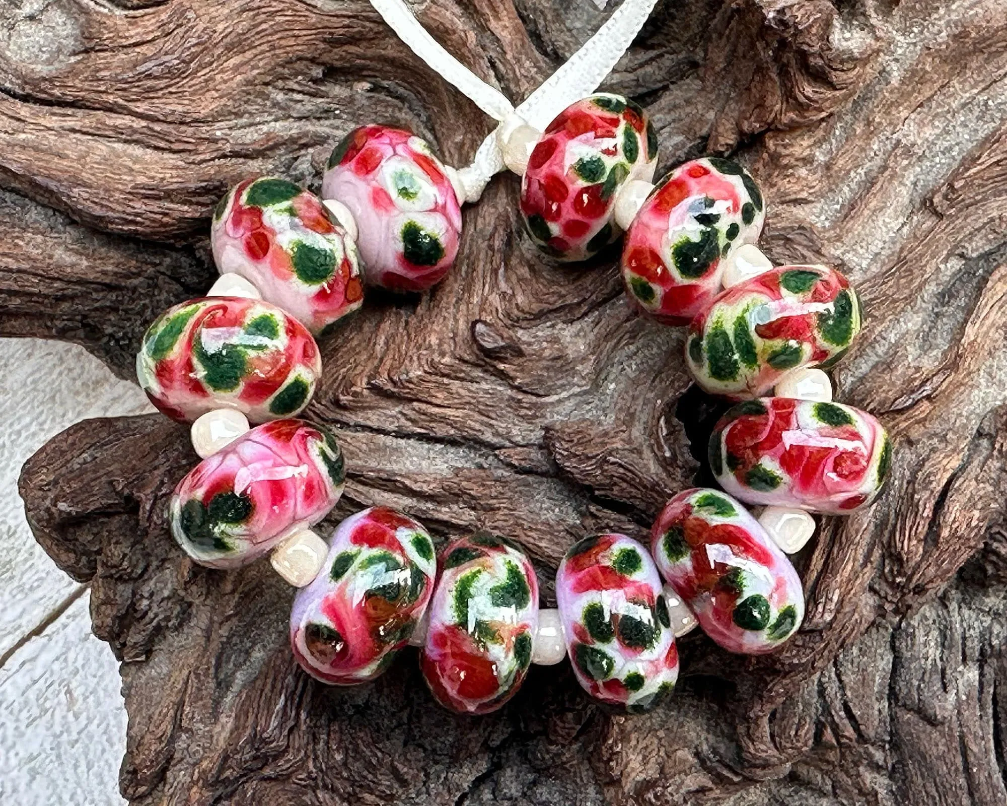Pink Green Mosaic Lampwork Beads Set SRA