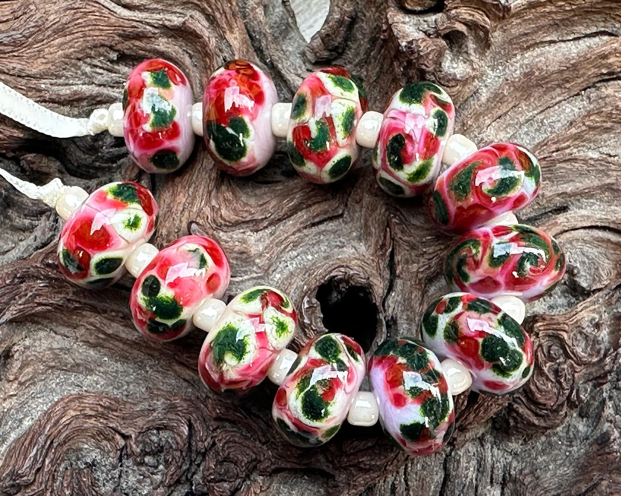 Pink Green Mosaic Lampwork Beads Set SRA