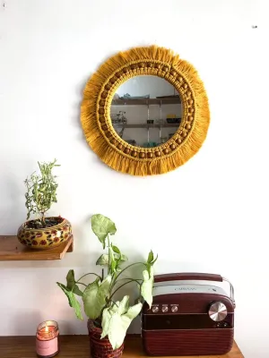 Pintoresco Handmade Macrame Hanging Wall Mirror with Macrame Fringe Round Mirror (Size 16 Inch)