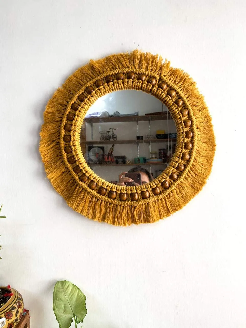 Pintoresco Handmade Macrame Hanging Wall Mirror with Macrame Fringe Round Mirror (Size 16 Inch)