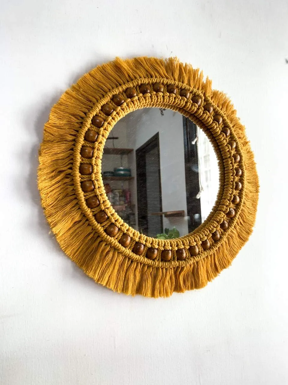 Pintoresco Handmade Macrame Hanging Wall Mirror with Macrame Fringe Round Mirror (Size 16 Inch)