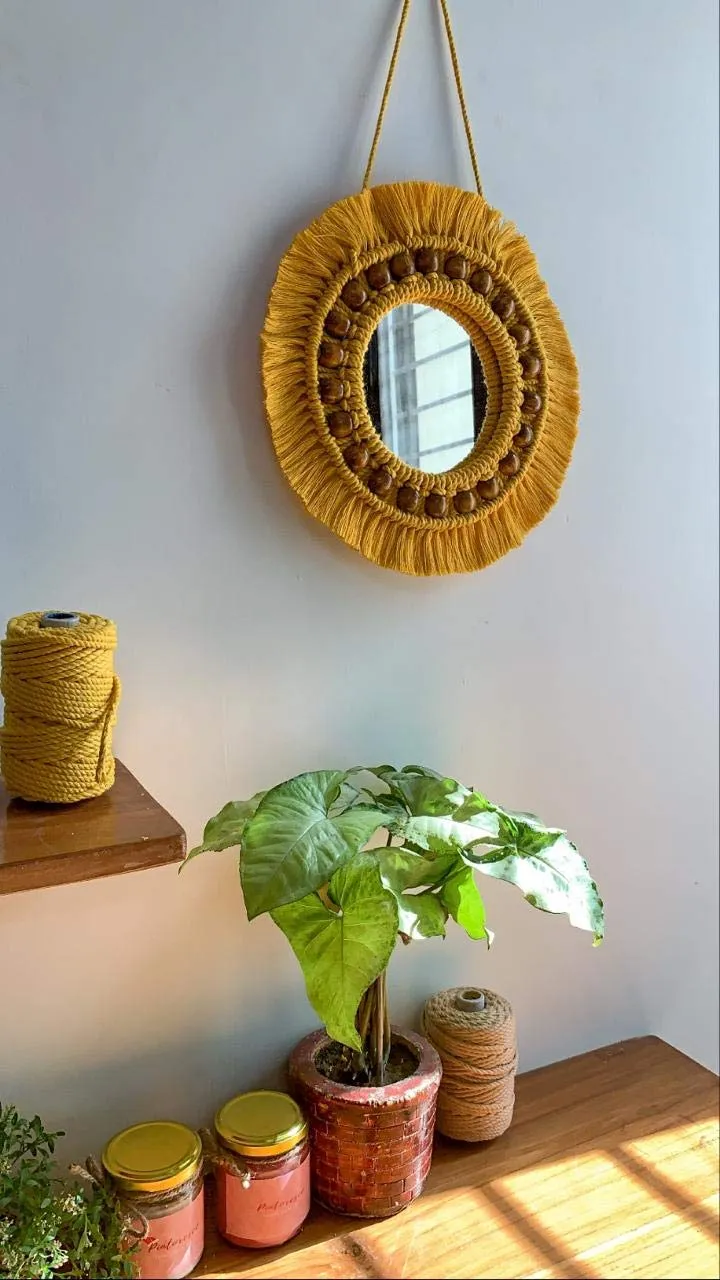 Pintoresco Handmade Macrame Hanging Wall Mirror with Macrame Fringe Round Mirror(Size-12 Inch)(Wine) (Yellow)