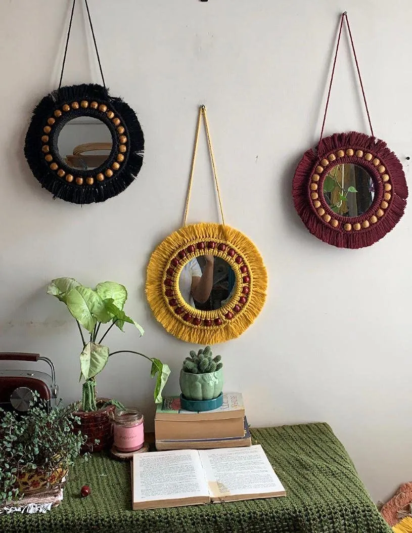 Pintoresco Handmade Macrame Hanging Wall Mirror with Macrame Fringe Round Mirror(Size-12 Inch)(Wine) (Yellow)