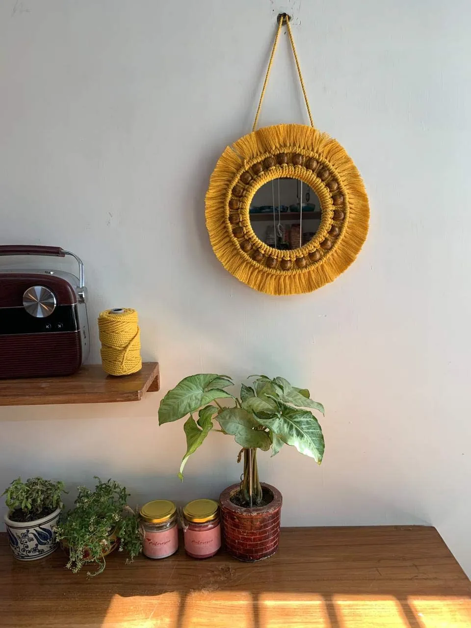 Pintoresco Handmade Macrame Hanging Wall Mirror with Macrame Fringe Round Mirror(Size-12 Inch)(Wine) (Yellow)