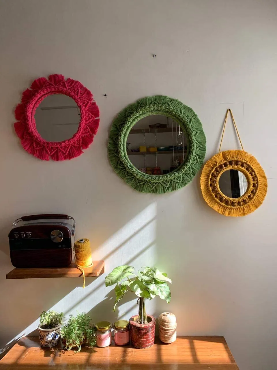 Pintoresco Handmade Macrame Hanging Wall Mirror with Macrame Fringe Round Mirror(Size-12 Inch)(Wine) (Yellow)