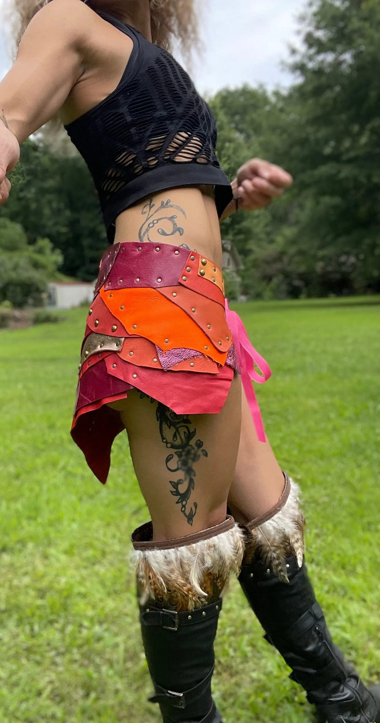 POMONA, Bright Peach Orange Skirt, Leather Utility Belt, Burning Man Skirt, Patchwork, Rave Costume, Viking Belt