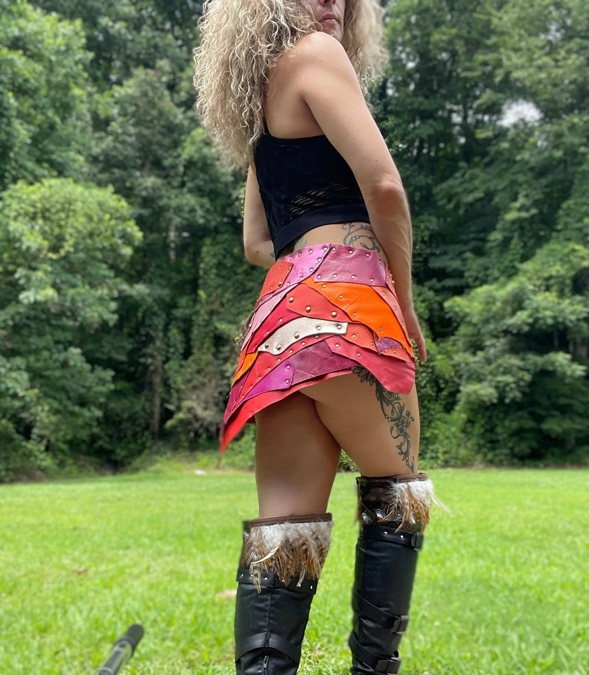 POMONA, Bright Peach Orange Skirt, Leather Utility Belt, Burning Man Skirt, Patchwork, Rave Costume, Viking Belt