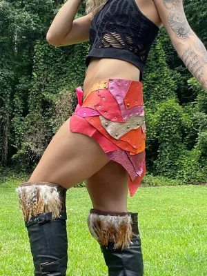 POMONA, Bright Peach Orange Skirt, Leather Utility Belt, Burning Man Skirt, Patchwork, Rave Costume, Viking Belt