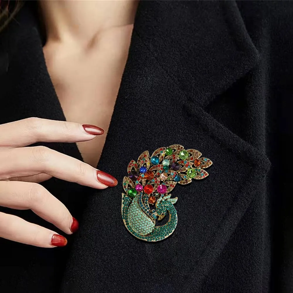 Rhinestone Large Peacock Bird Brooch Pin for Women Men Gold Plated Fashion Colorful Crystal Animal Brooches Lapel Pins Exquisite Dress Accessories Wedding Anniversary Jewelry