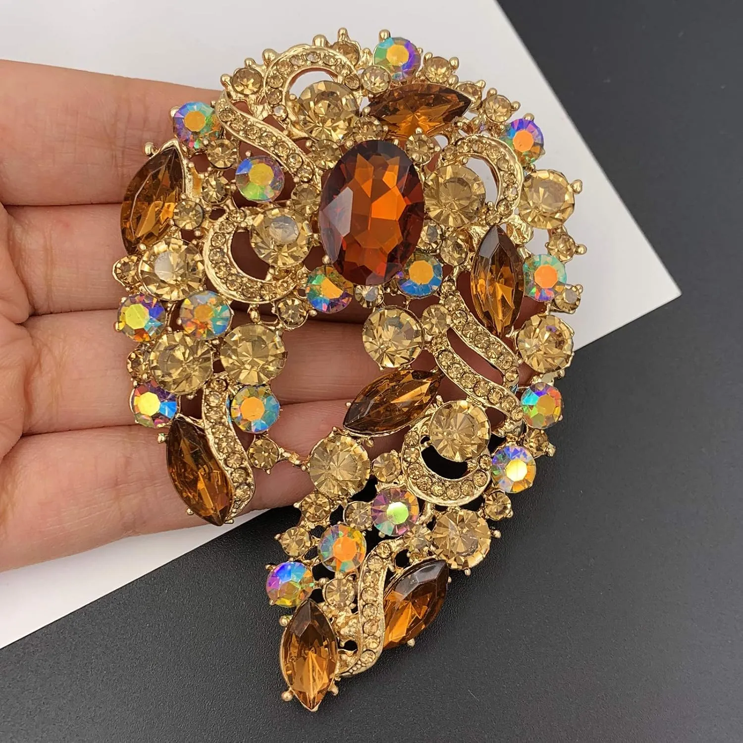 SELOVO Big Large Rhinestone Green Leaf Statement 3.5" Brooch Pin Scarf Broach Gold Tone