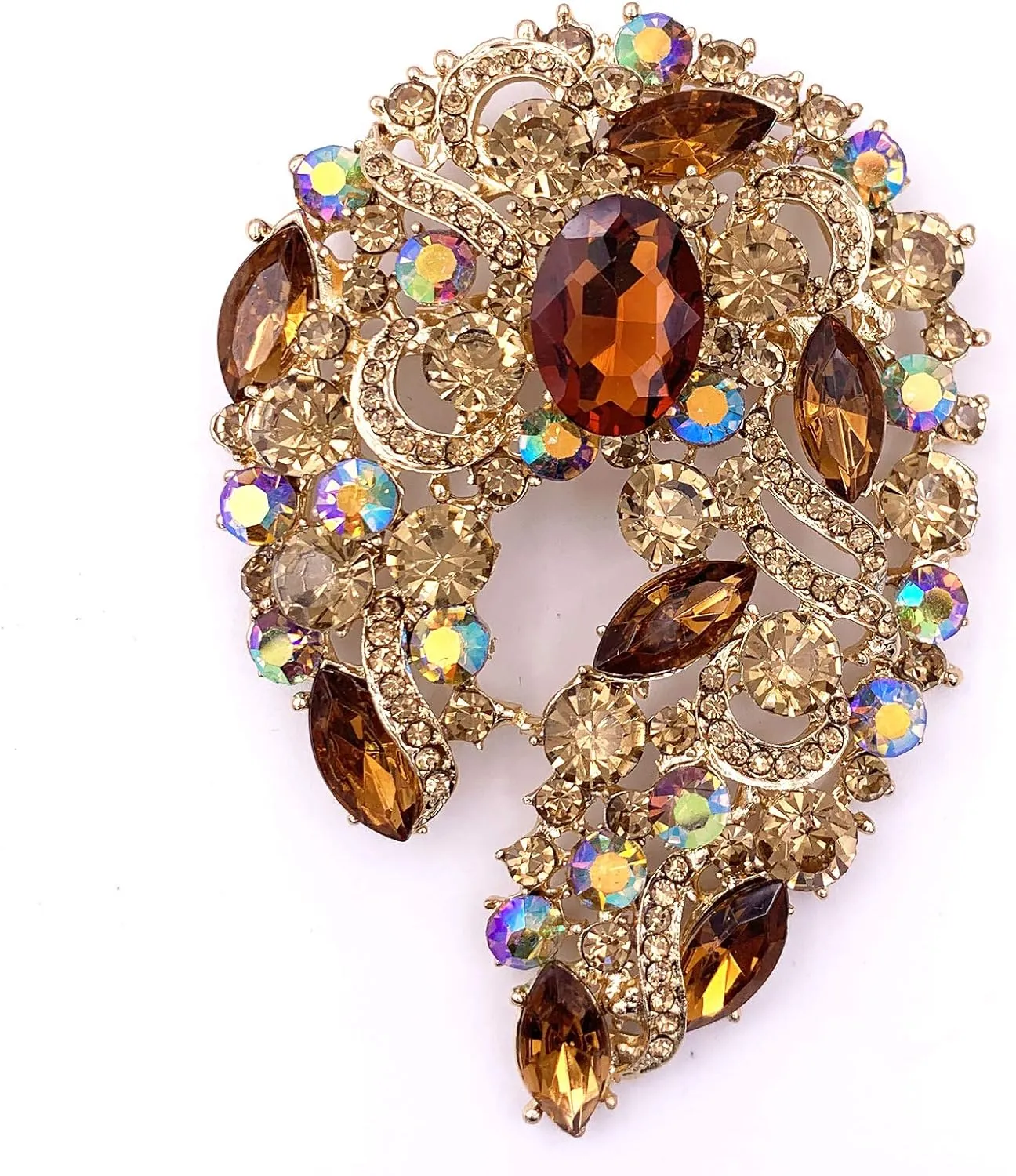 SELOVO Big Large Rhinestone Green Leaf Statement 3.5" Brooch Pin Scarf Broach Gold Tone