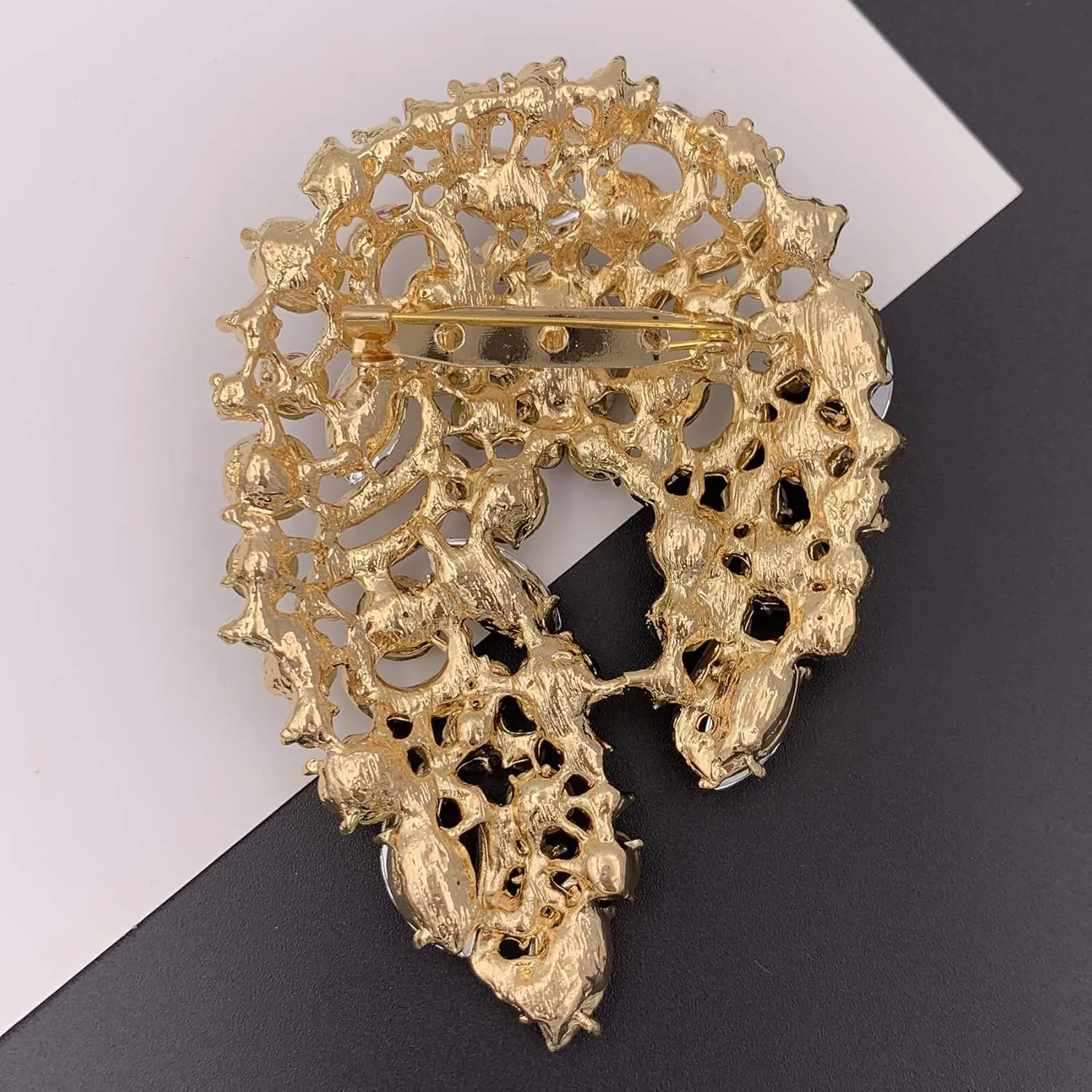SELOVO Big Large Rhinestone Green Leaf Statement 3.5" Brooch Pin Scarf Broach Gold Tone