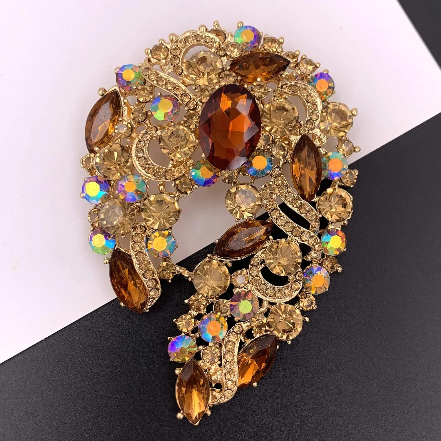 SELOVO Big Large Rhinestone Green Leaf Statement 3.5" Brooch Pin Scarf Broach Gold Tone