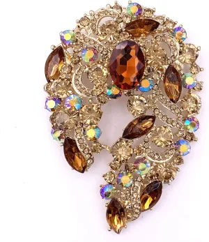 SELOVO Big Large Rhinestone Green Leaf Statement 3.5" Brooch Pin Scarf Broach Gold Tone