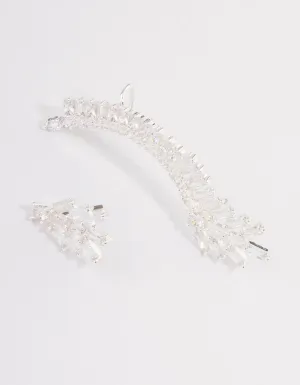 Silver Plated Cubic Zirconia Baguette Cuff Stud Earrings