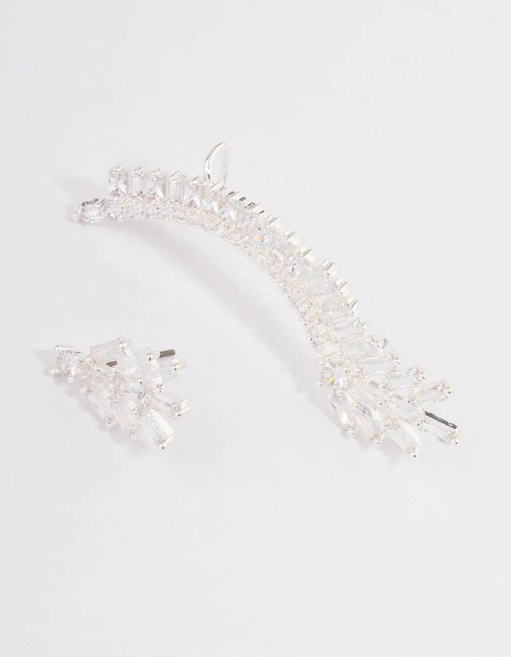 Silver Plated Cubic Zirconia Baguette Cuff Stud Earrings