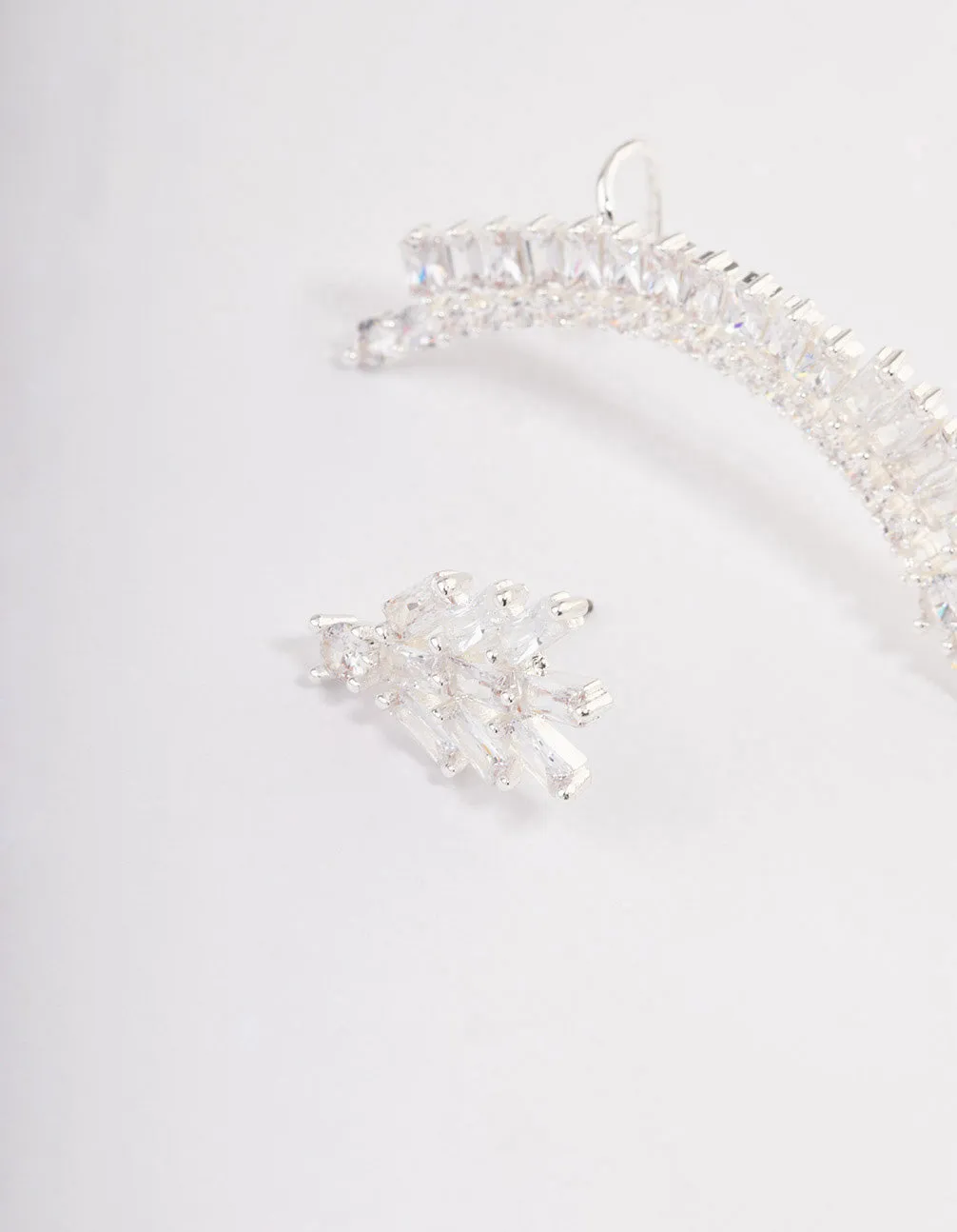 Silver Plated Cubic Zirconia Baguette Cuff Stud Earrings