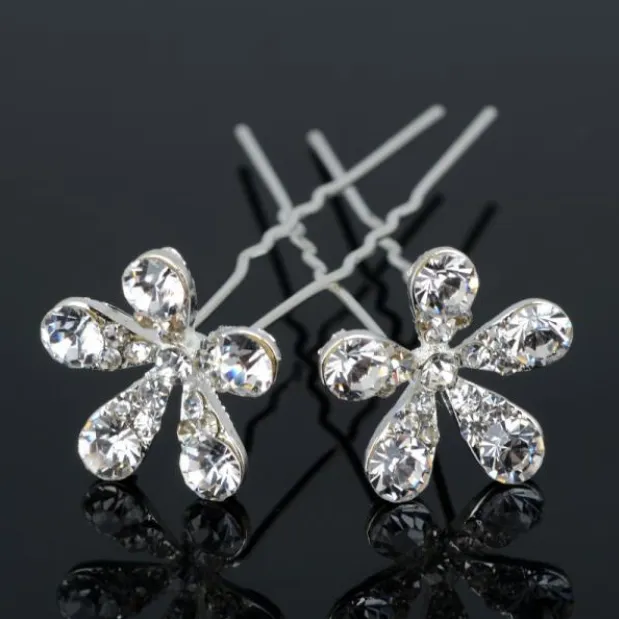 Small Crystal Encrusted Flower Silver Plated Hair Pins for Women, Ladies and teen