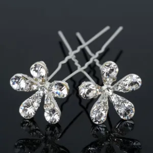 Small Crystal Encrusted Flower Silver Plated Hair Pins for Women, Ladies and teen