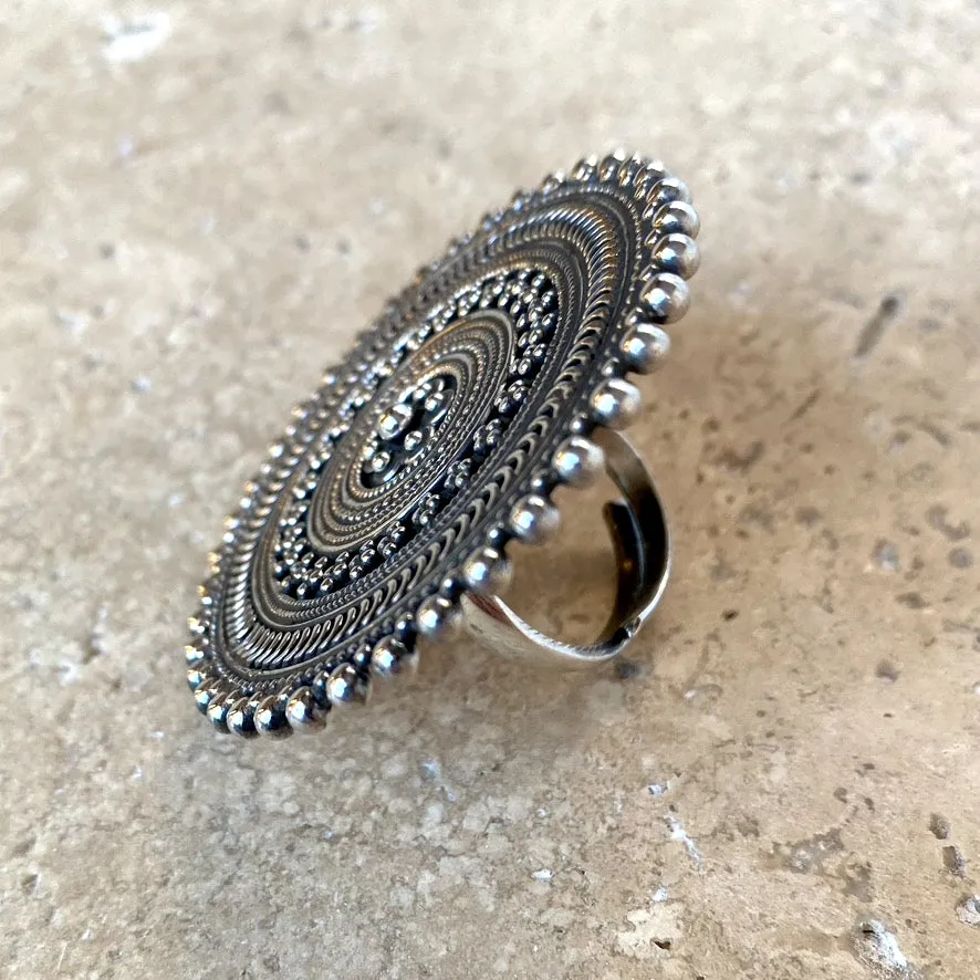 Sterling Silver Afghani Flower Disc Ring
