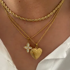 Trendy Solid Gold Color Rhinestone Cross Heart Pendant Necklace