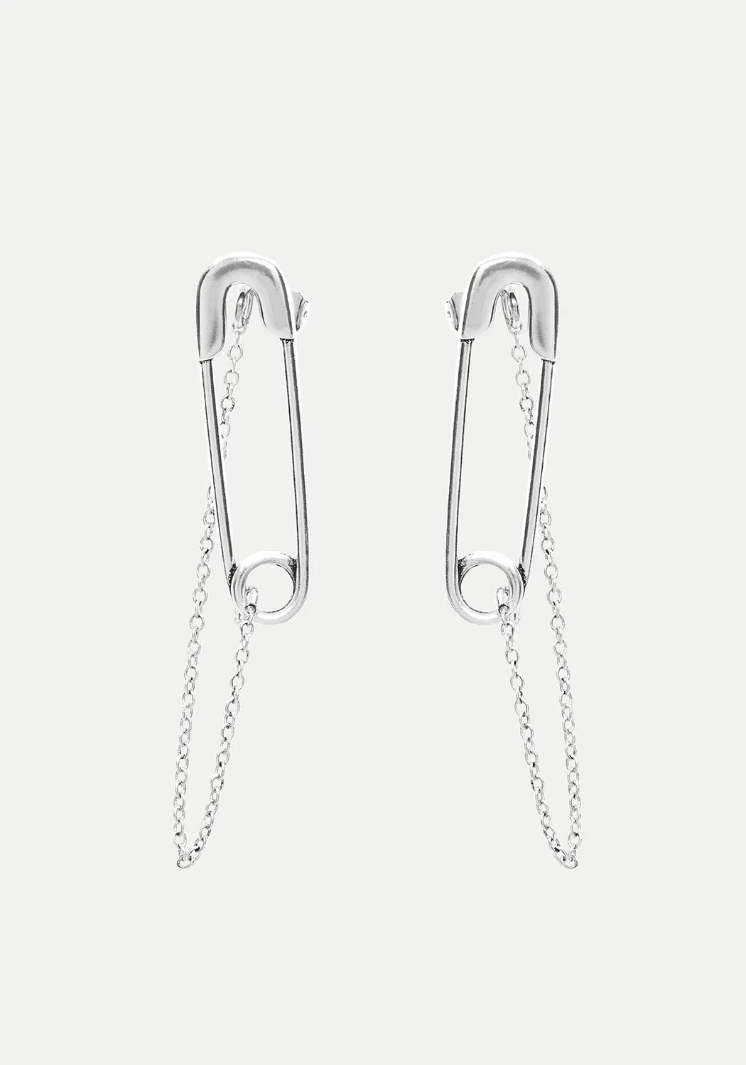 Vicious Silver Plated Safety Pin Stud Earrings With Chain