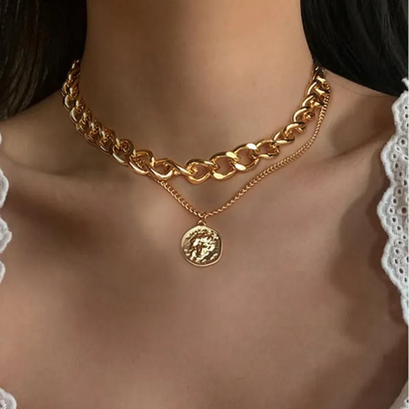 Vintage Carved Coin Thick Chain OT Buckle Necklace Bohemian Punk Metal Coin Collar Choker Necklace Fashion Women Punk Jewelry