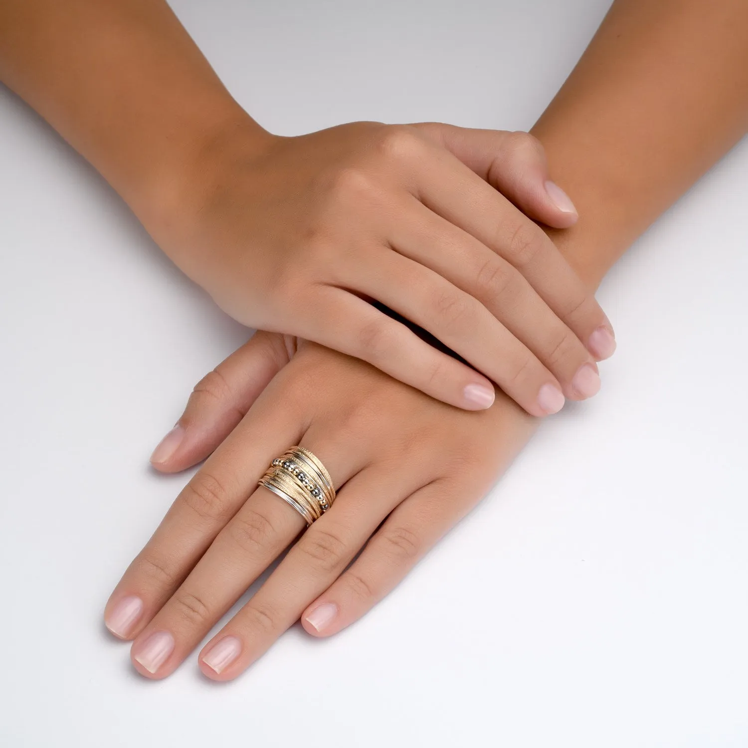 Wide Two-Tone Wrap Rings Jewelry, Handcrafted 14K Gold-Filled and Sterling Silver, Large Bohemian Ring