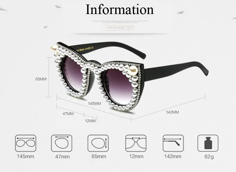 Women's Trendy Fashion Crystal Pearl Oversize Cat Eyes Sunglasses