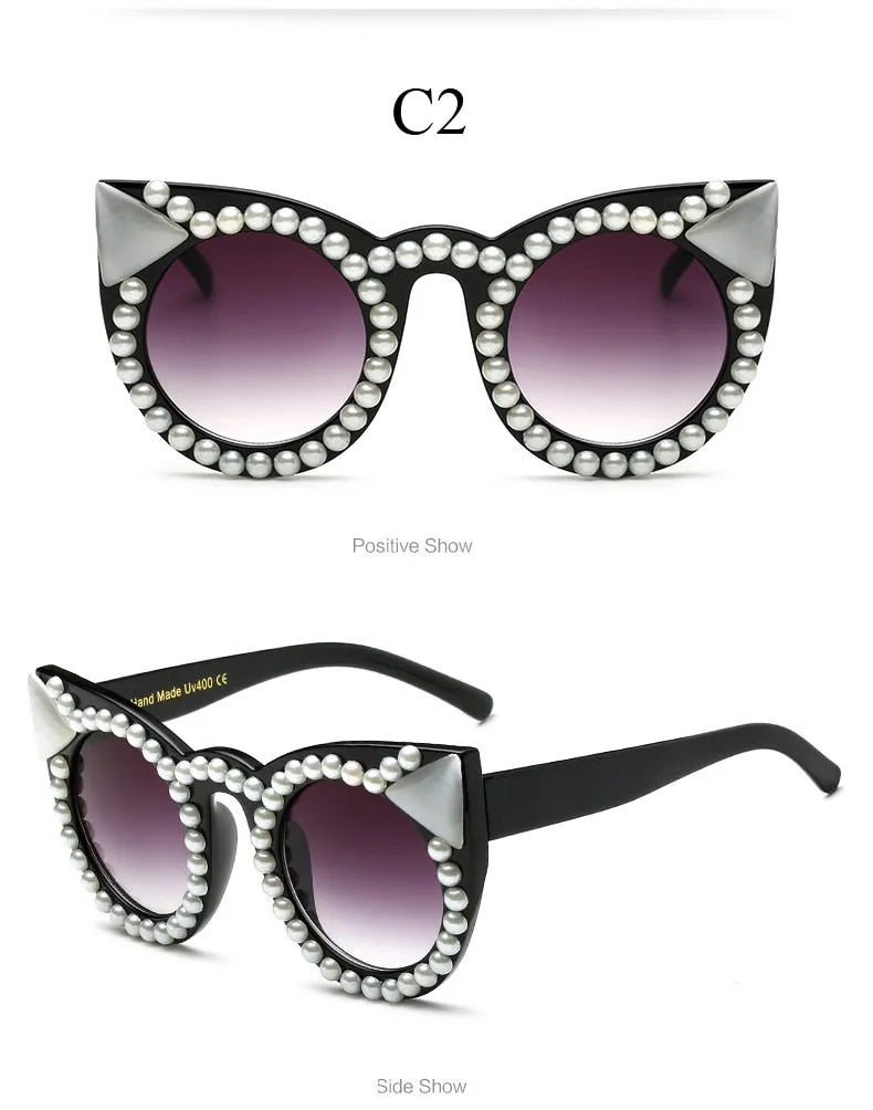 Women's Trendy Fashion Crystal Pearl Oversize Cat Eyes Sunglasses