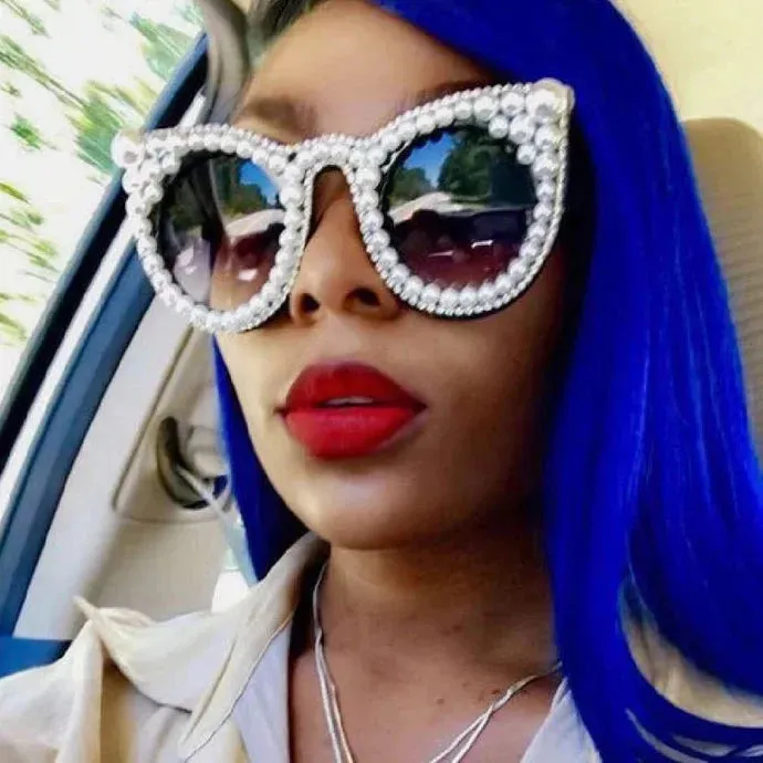 Women's Trendy Fashion Crystal Pearl Oversize Cat Eyes Sunglasses
