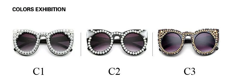Women's Trendy Fashion Crystal Pearl Oversize Cat Eyes Sunglasses