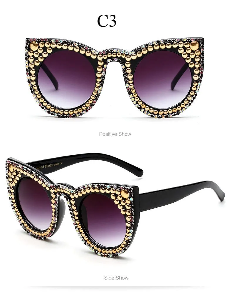 Women's Trendy Fashion Crystal Pearl Oversize Cat Eyes Sunglasses
