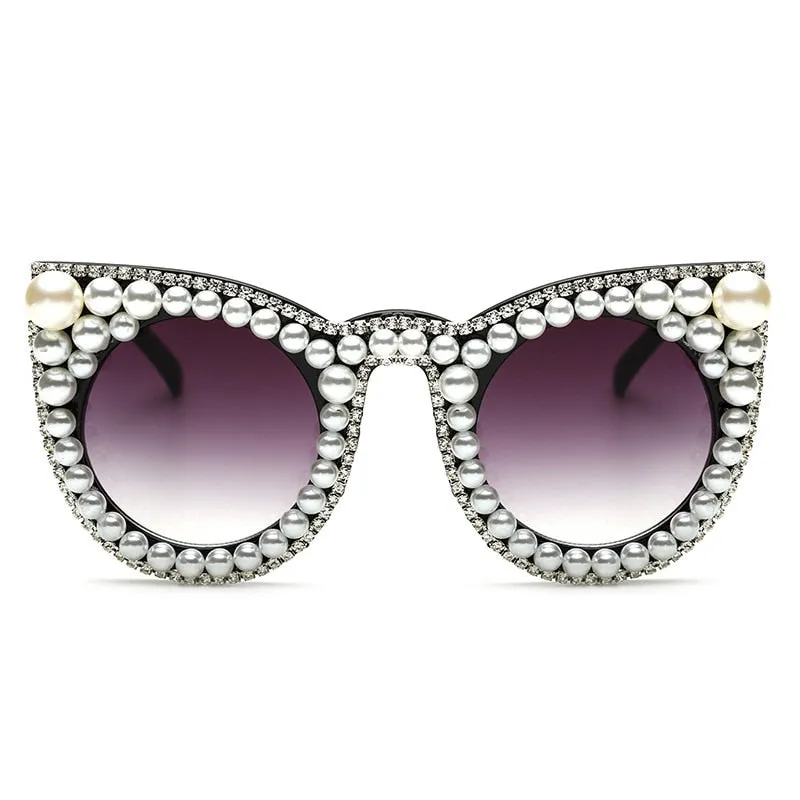 Women's Trendy Fashion Crystal Pearl Oversize Cat Eyes Sunglasses